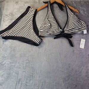 Cupshe XL Black White Striped Metallic Halter Bikini Set High Waisted Swimsuit